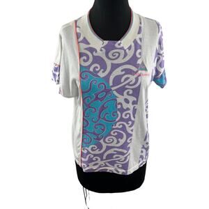 VINTAGE Le Coq Sportif White Blue Top Cotton Geometric Crew Pullover Sz Small S